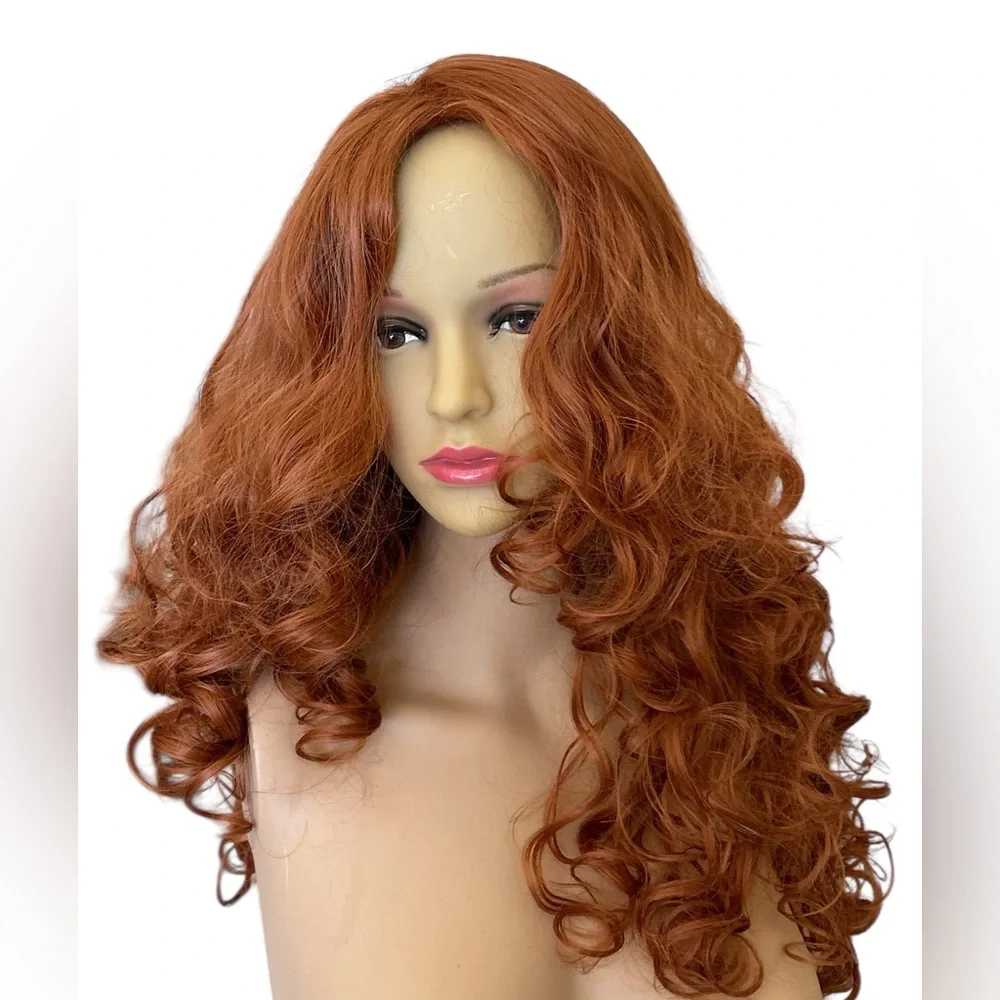 Halo Ginger Auburn Long Wavy Wig with Curtain Bangs Natural Middle Part 26”NWT